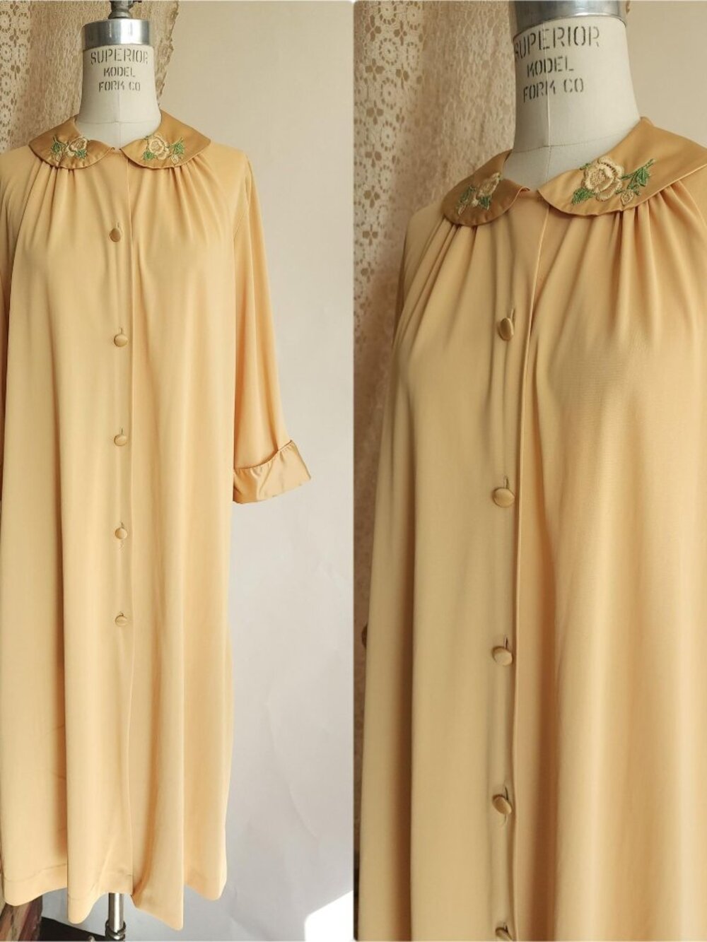 Vintage 1960s Robe with Pockets, Artemis Golden Yellow Nylon Housecoat with Embr